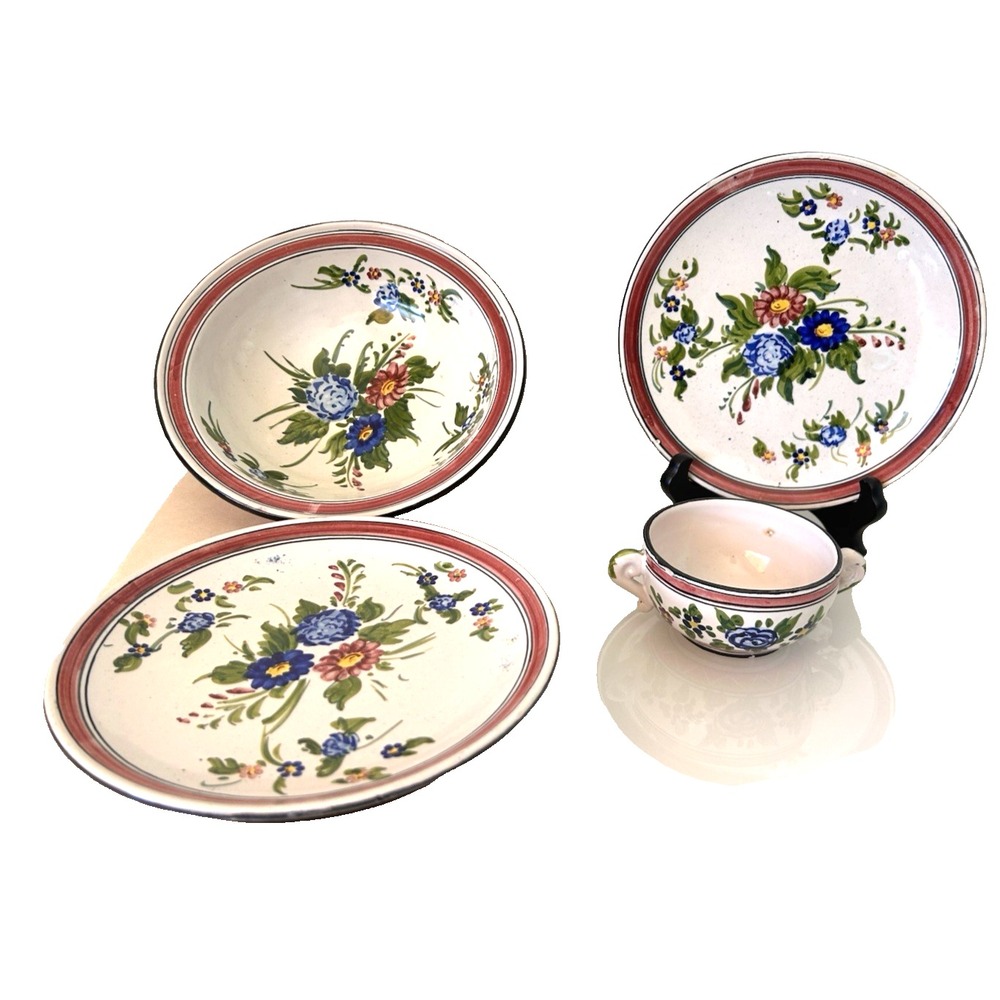 4 Vintage Italian Faenza Faience Blue Floral Plates Serving & Dip Bowl Signed